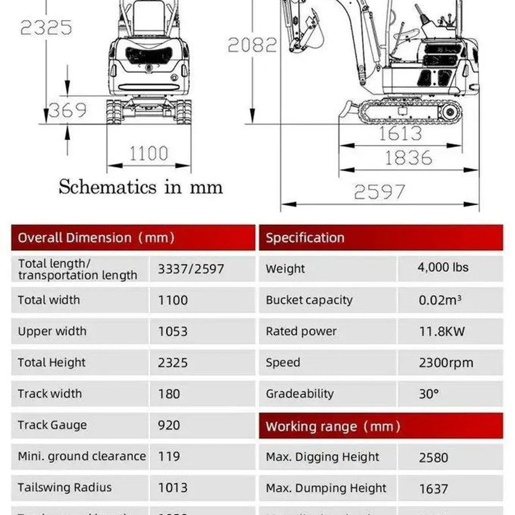 Mini-pelle TYPHON TERROR XX 2025 – 1 814 kg, chenilles en caoutchouc et moteur diesel Kubota D902
