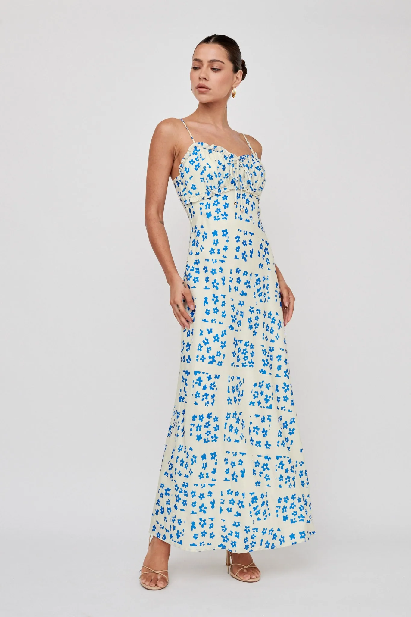 Anja Frill Trim Maxi Dress Print Cream Blue