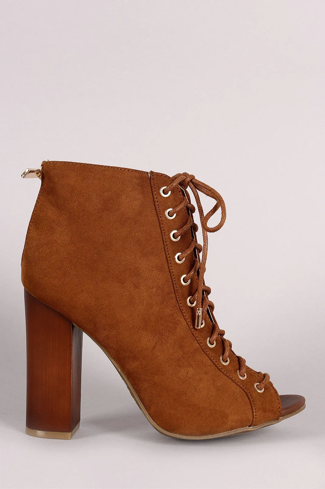 Bamboo Suede Peep Toe Lace Up Chunky Heeled Booties