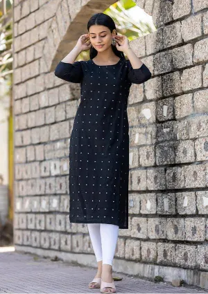 Black Solid Mirror Embellished Cotton Casual Kurta