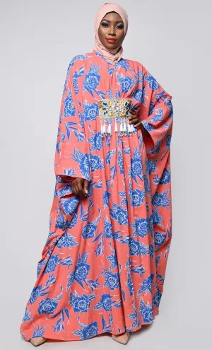 Contrasted Floral Printed Applique Work Detailing Full Flairy Kaftan - Final Sale