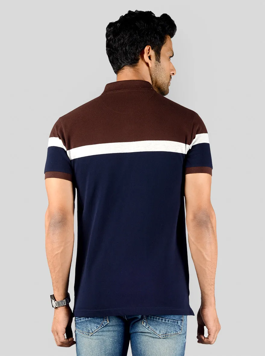 Dark Brown & Navy Blue Striped Slim Fit Polo T-shirt | Greenfibre