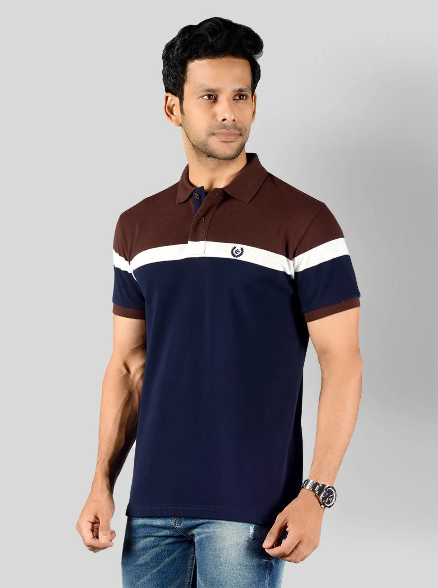 Dark Brown & Navy Blue Striped Slim Fit Polo T-shirt | Greenfibre