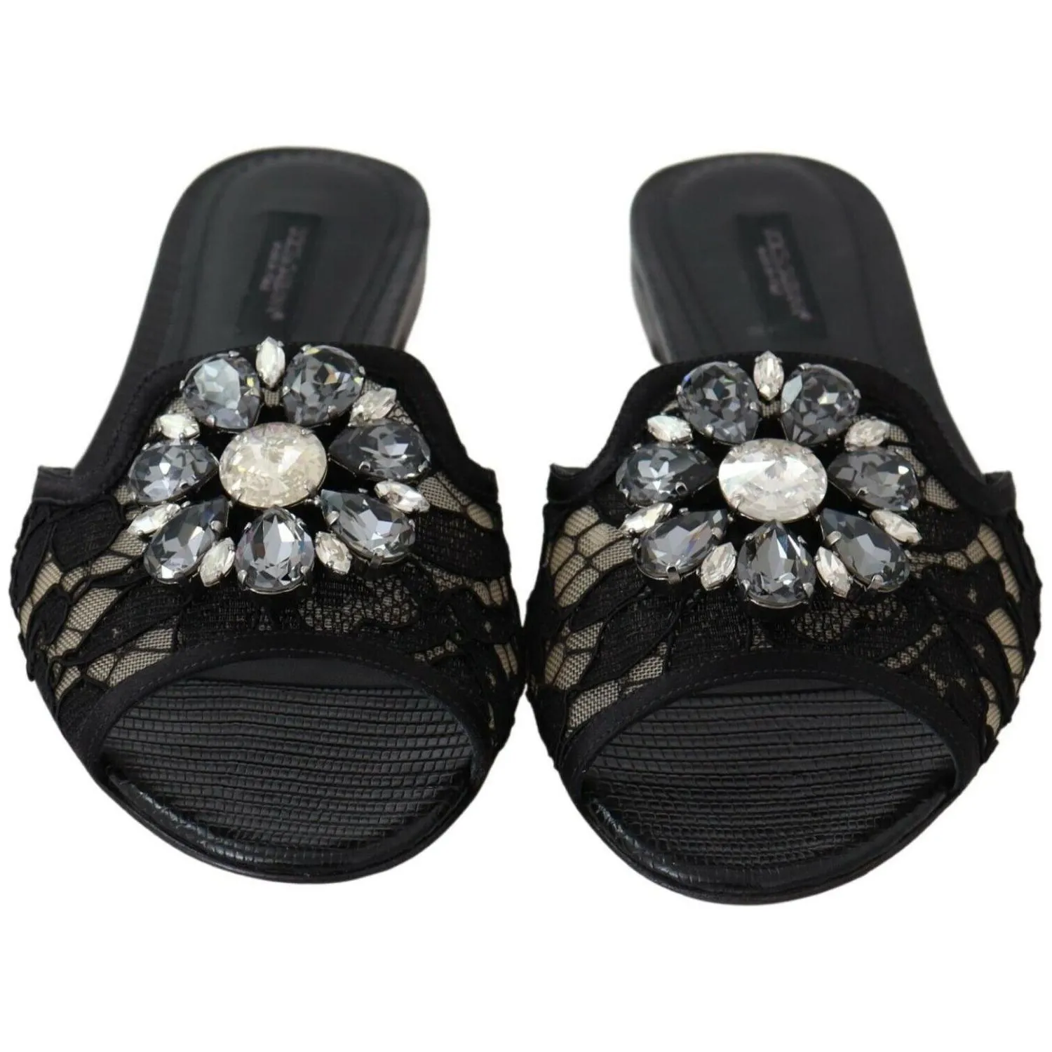 Dolce & Gabbana Elegant Black Lace Mules with Jewel Flower Detail