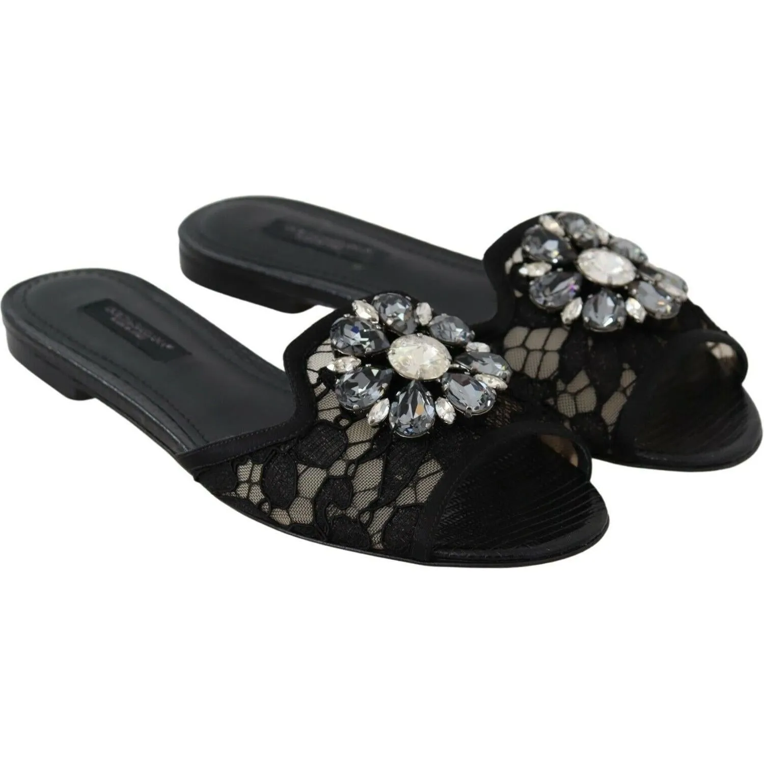 Dolce & Gabbana Elegant Black Lace Mules with Jewel Flower Detail