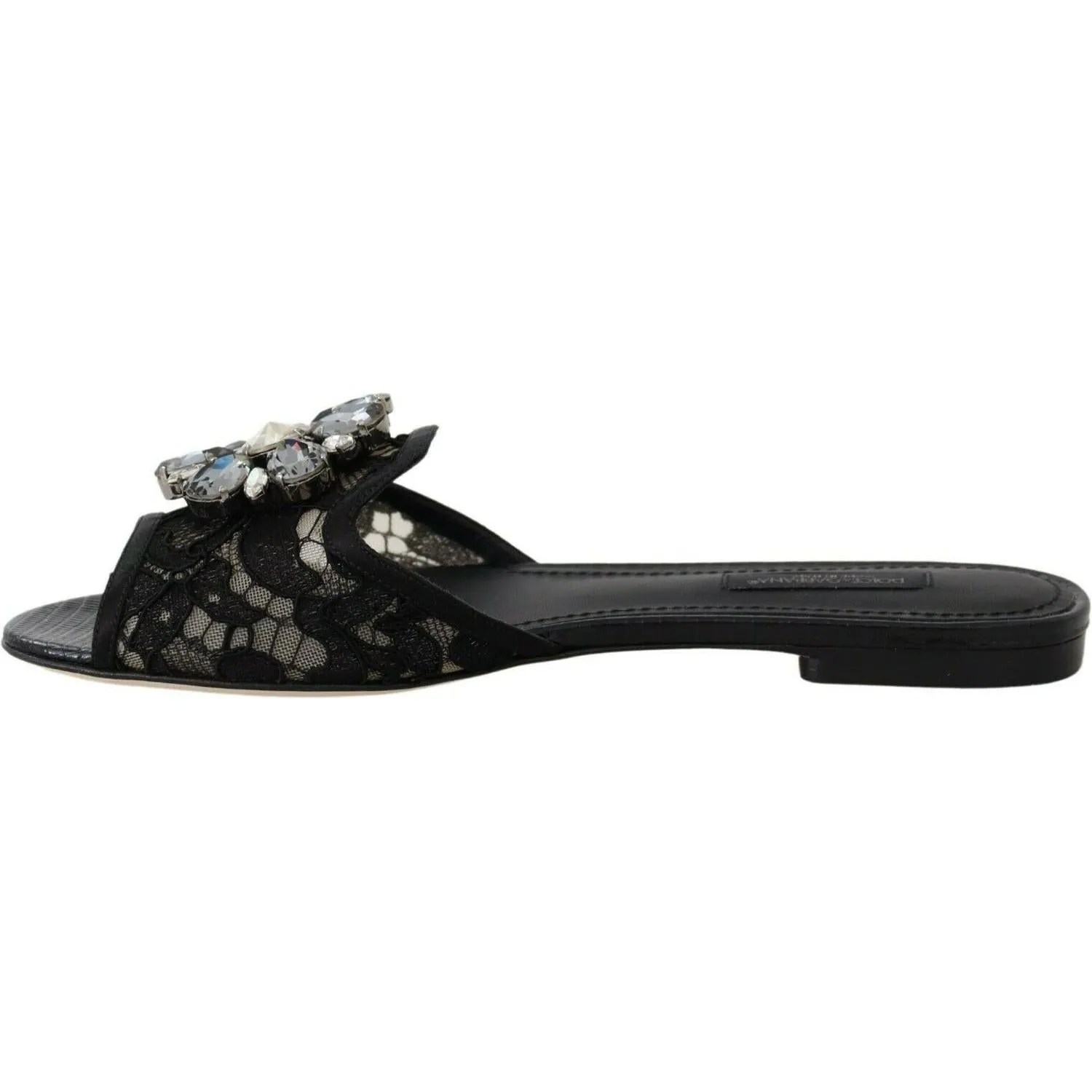 Dolce & Gabbana Elegant Black Lace Mules with Jewel Flower Detail