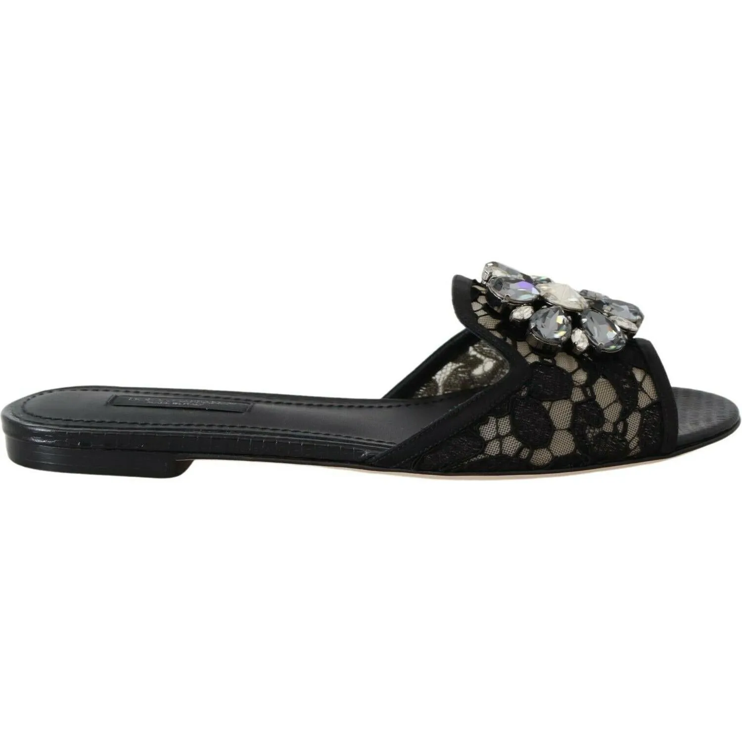 Dolce & Gabbana Elegant Black Lace Mules with Jewel Flower Detail