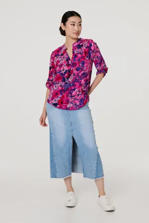 Floral 3/4 Sleeve Collarless Blouse