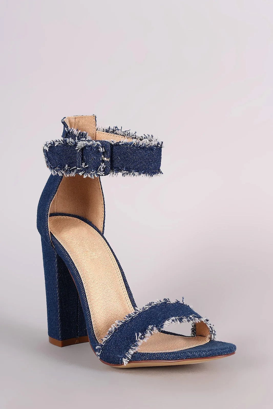 Frayed Denim Strappy Chunky Heels