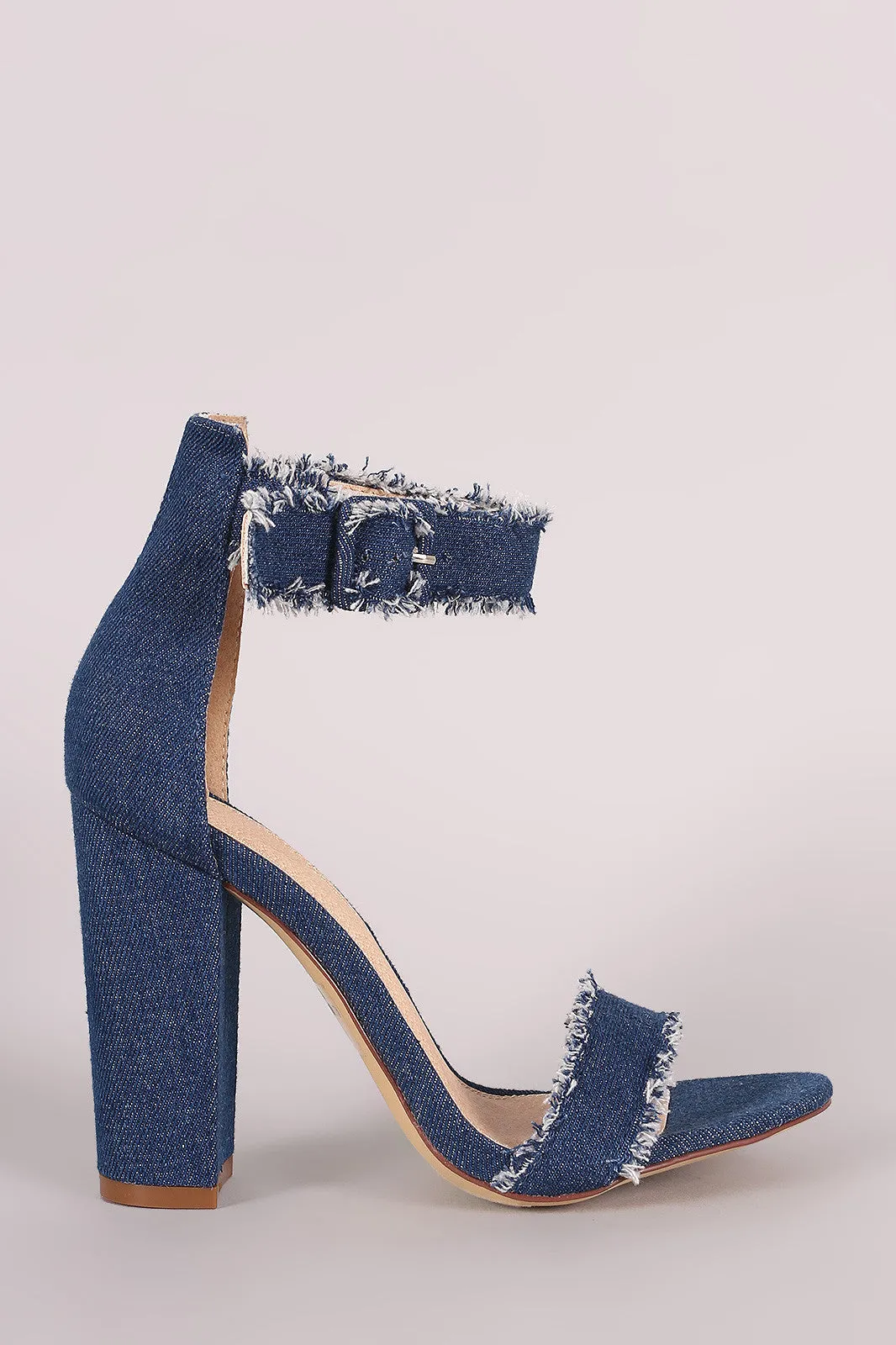 Frayed Denim Strappy Chunky Heels