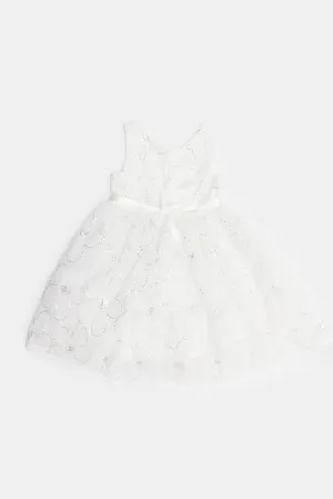 Girls White Flower Embellished Dress