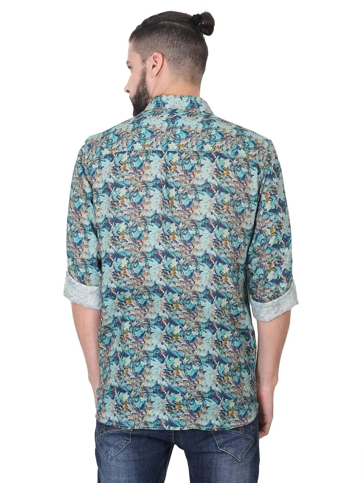 Green Leaf Digital Printed Linen Full Sleeve Men's Plus Size