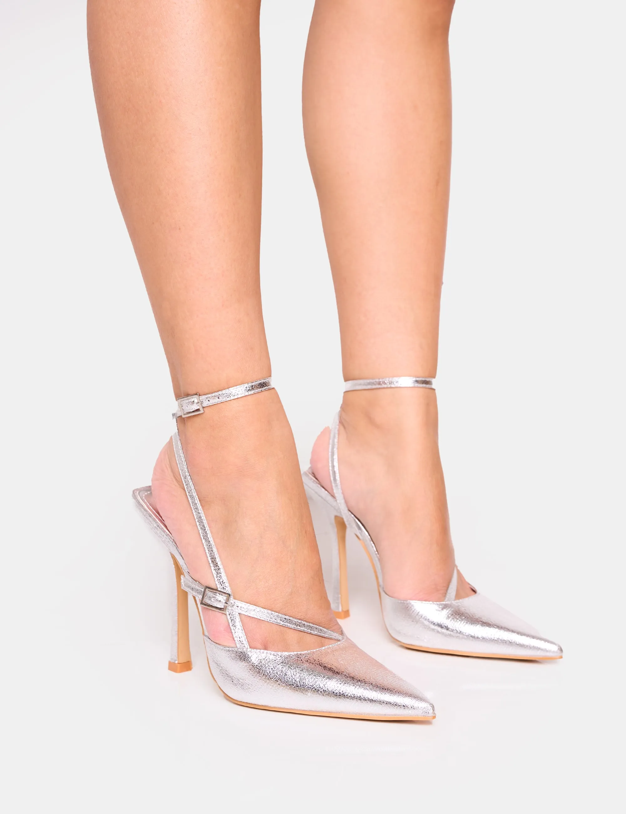 Idol Cracked Silver Buckle Strappy Detail Stiletto Court High Heels