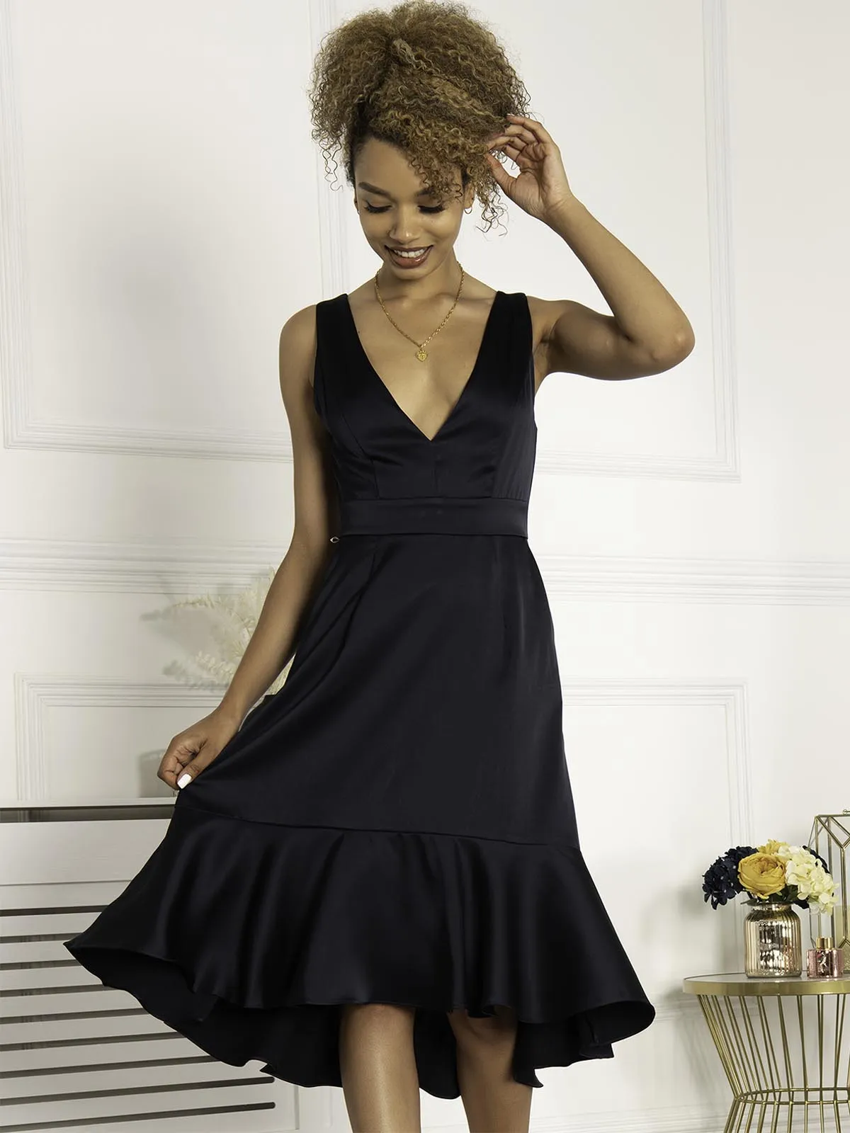 Jolie Moi Annabeth V Neck Flare Dress, Navy