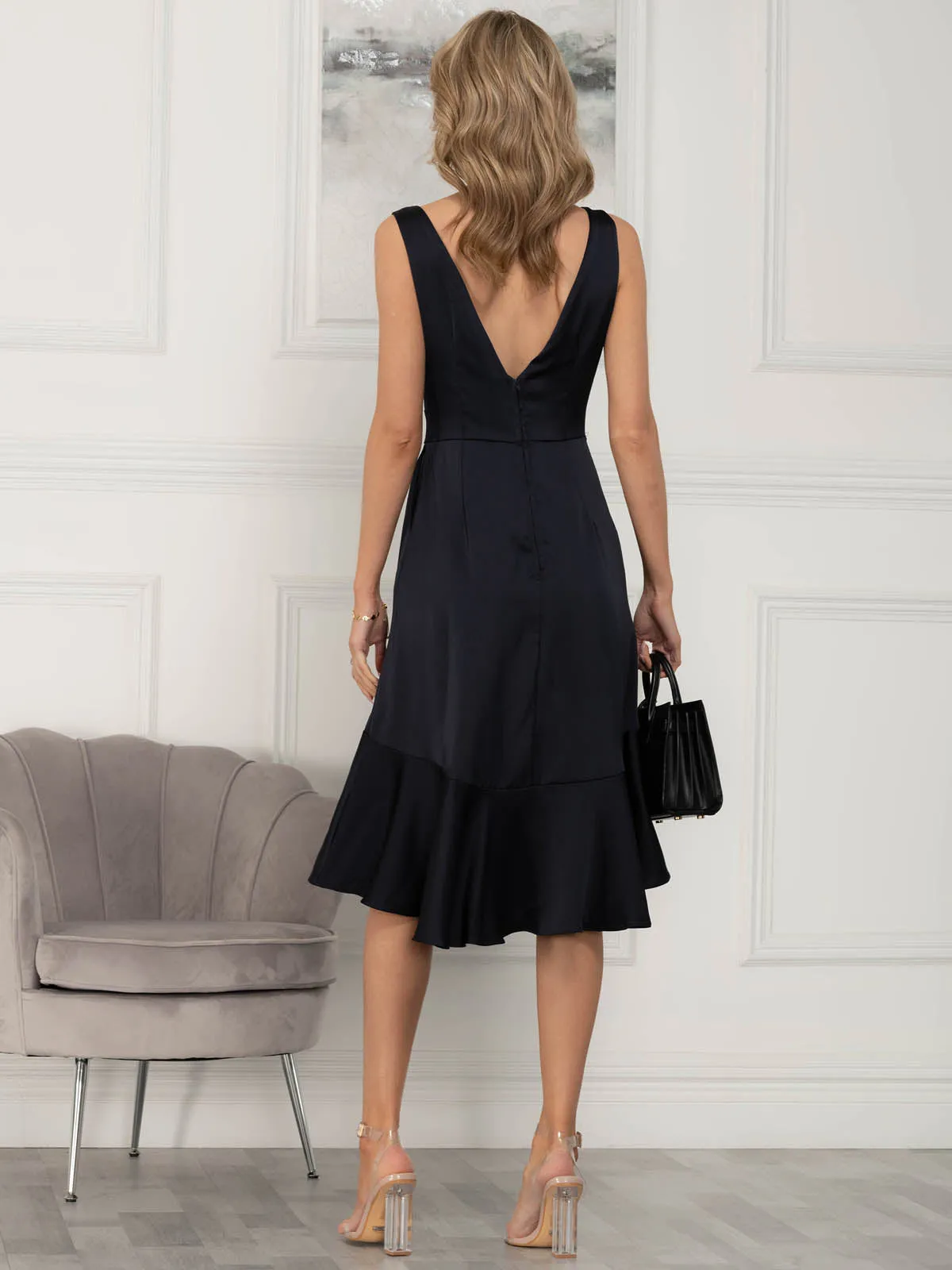 Jolie Moi Annabeth V Neck Flare Dress, Navy