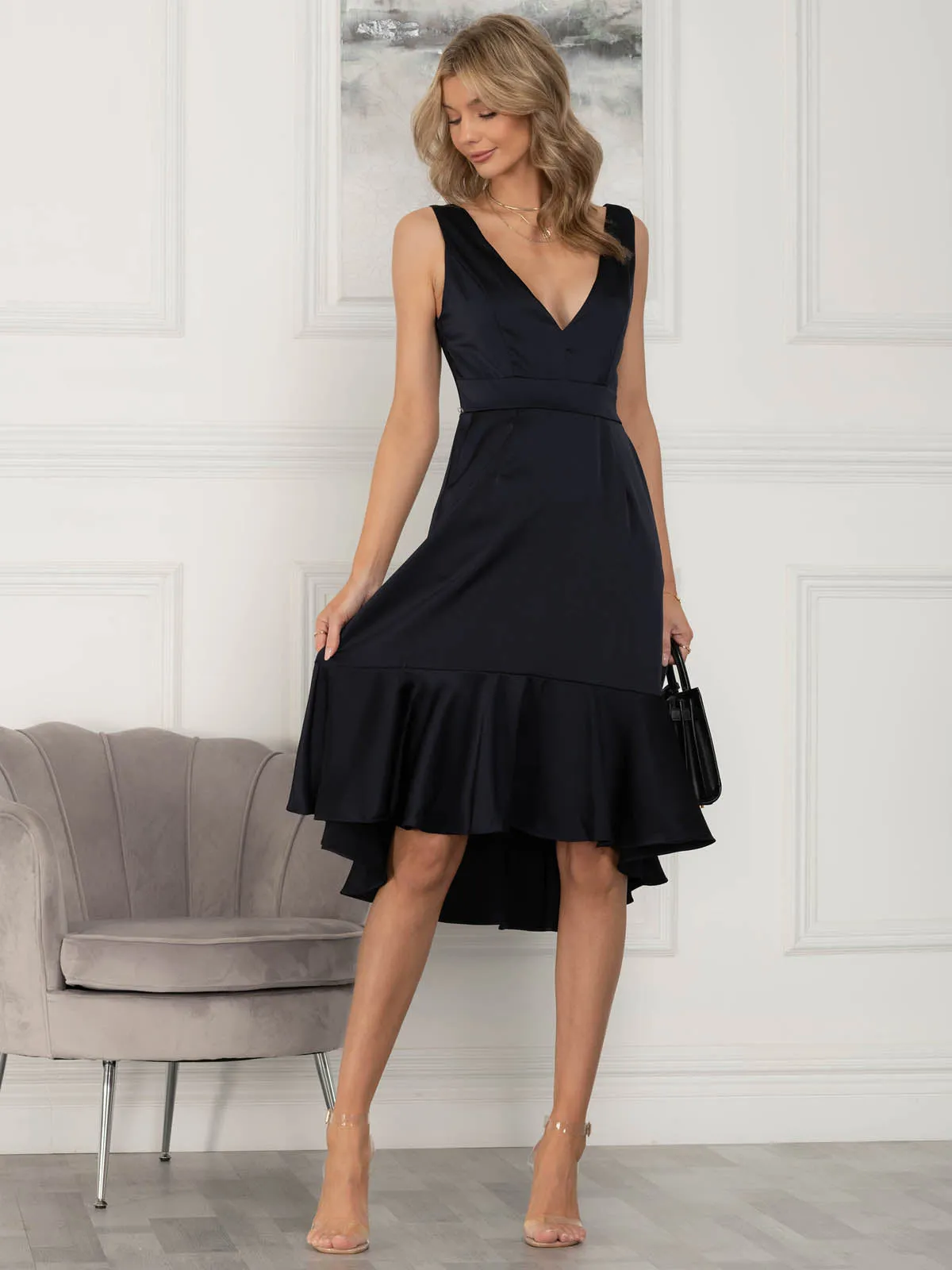 Jolie Moi Annabeth V Neck Flare Dress, Navy