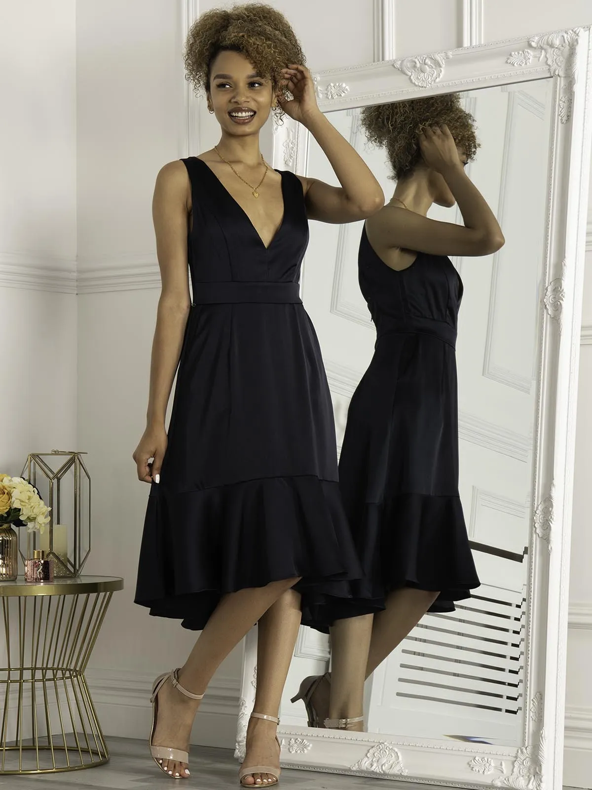 Jolie Moi Annabeth V Neck Flare Dress, Navy