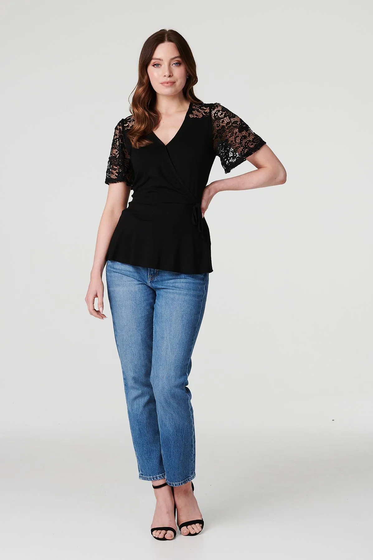 Lace Sleeve V-Neck Peplum Top