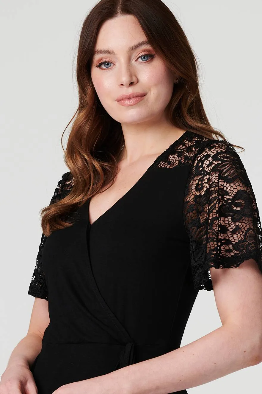 Lace Sleeve V-Neck Peplum Top