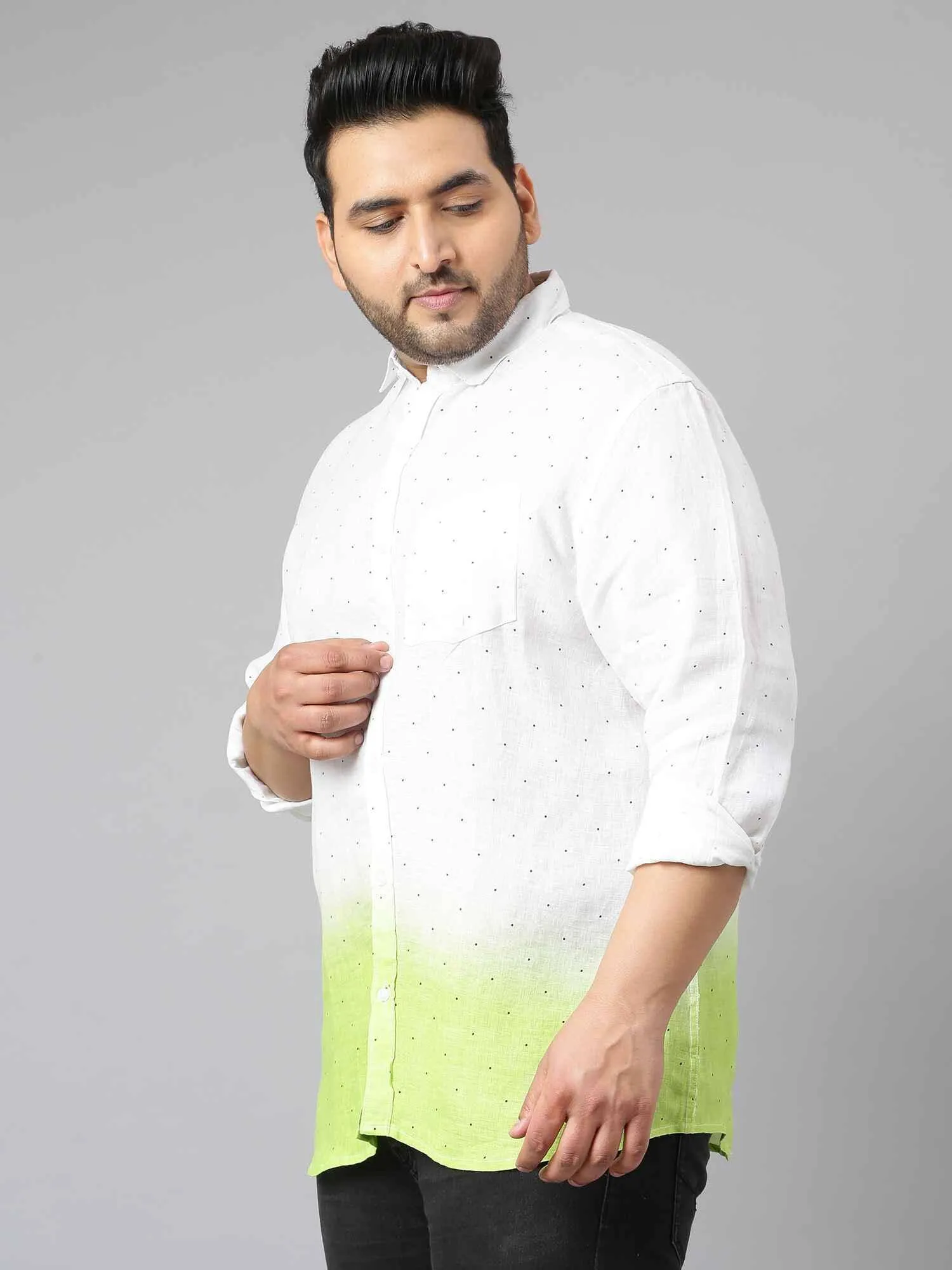 Light Green Ombre Digital Printed  Linen Shirt Men's Plus Size