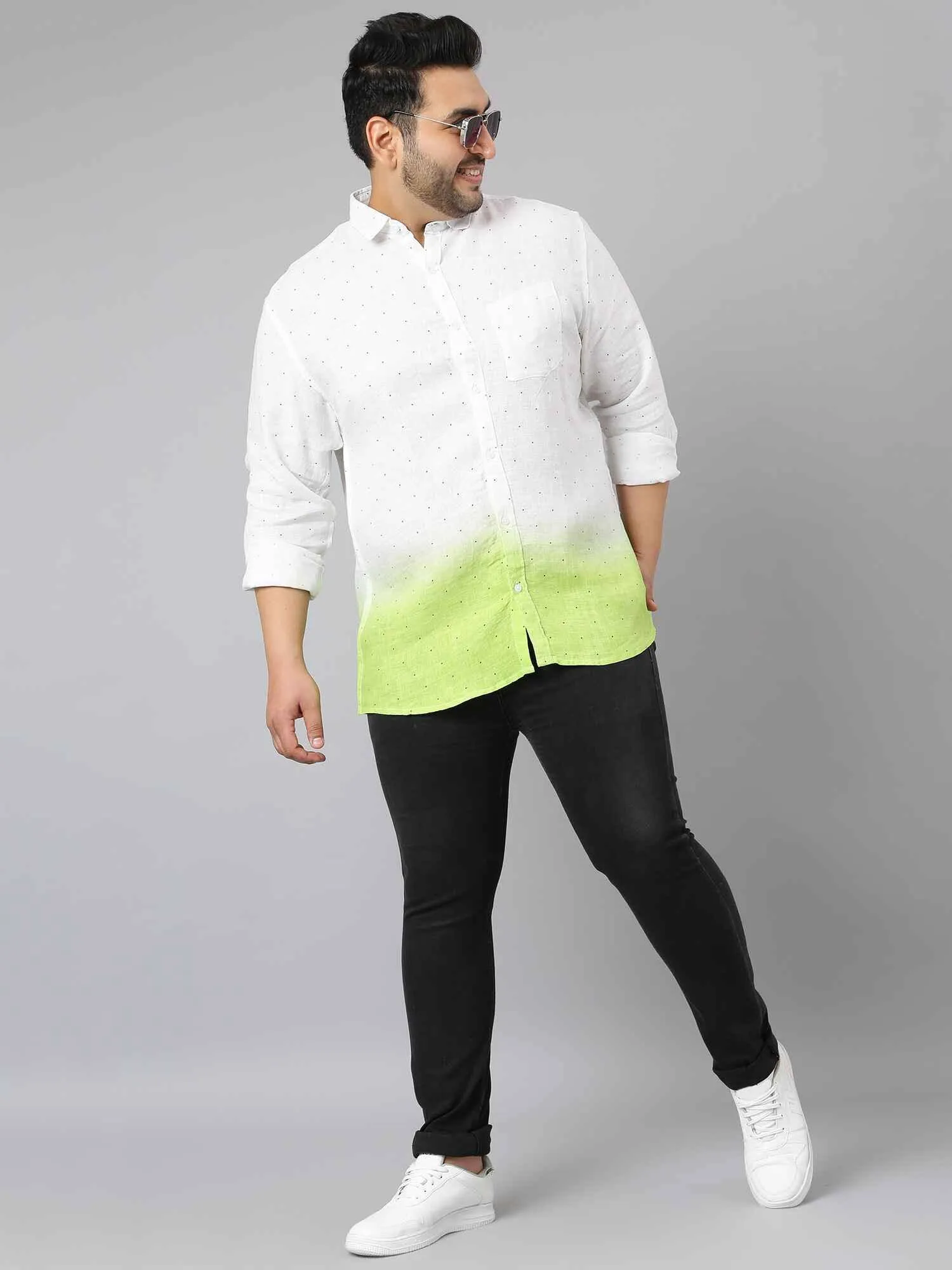 Light Green Ombre Digital Printed  Linen Shirt Men's Plus Size