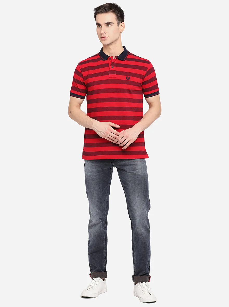 Maroon & Red Striped Slim Fit Polo T-Shirt | Greenfibre