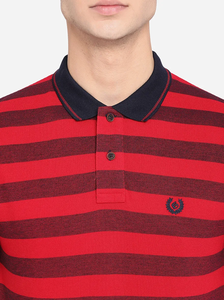 Maroon & Red Striped Slim Fit Polo T-Shirt | Greenfibre