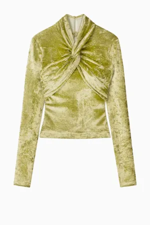 Nanushka Iride Twist-Front Crushed Velvet Top - Sage