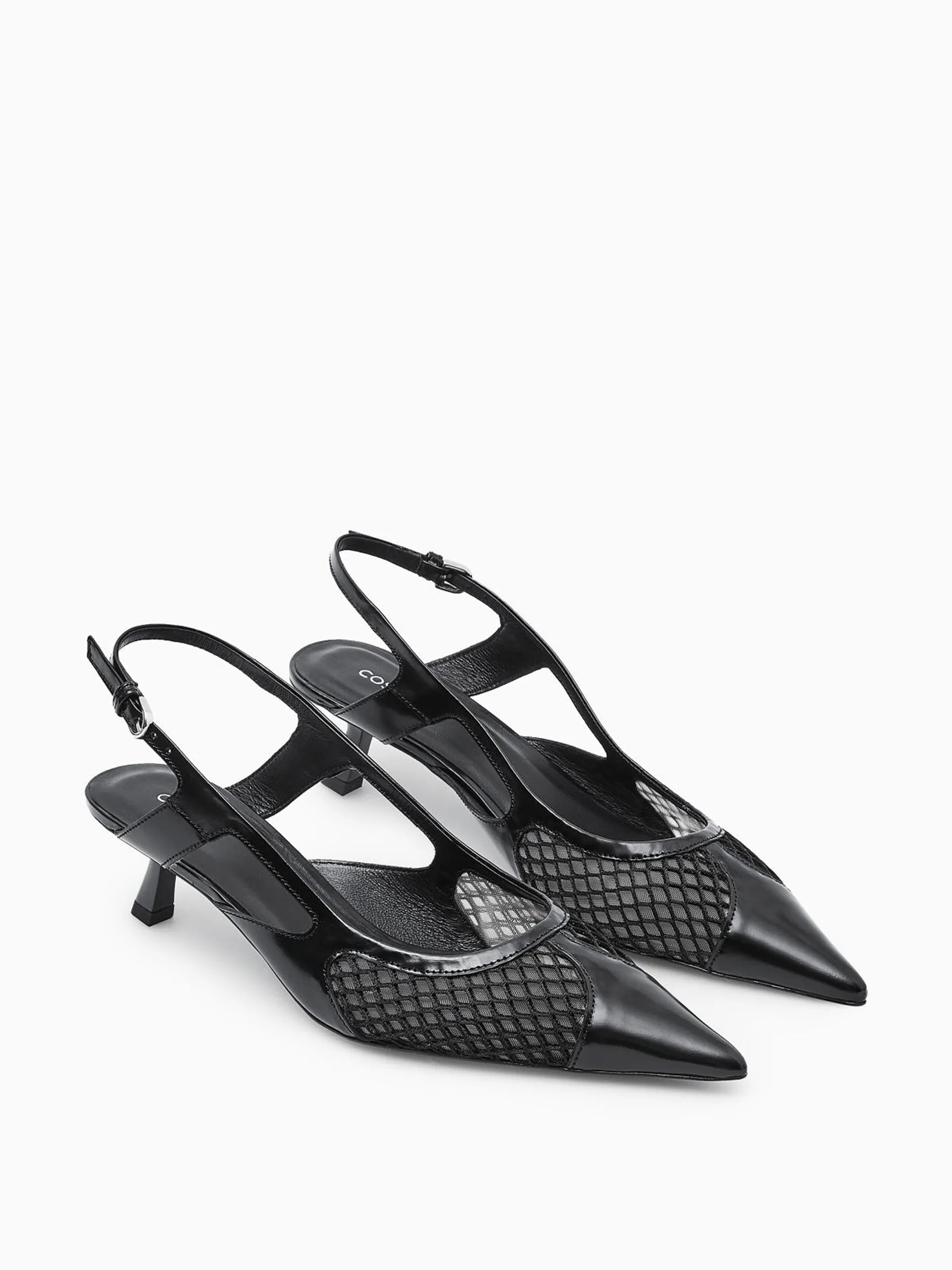 Pointed mesh slingback kitten heels