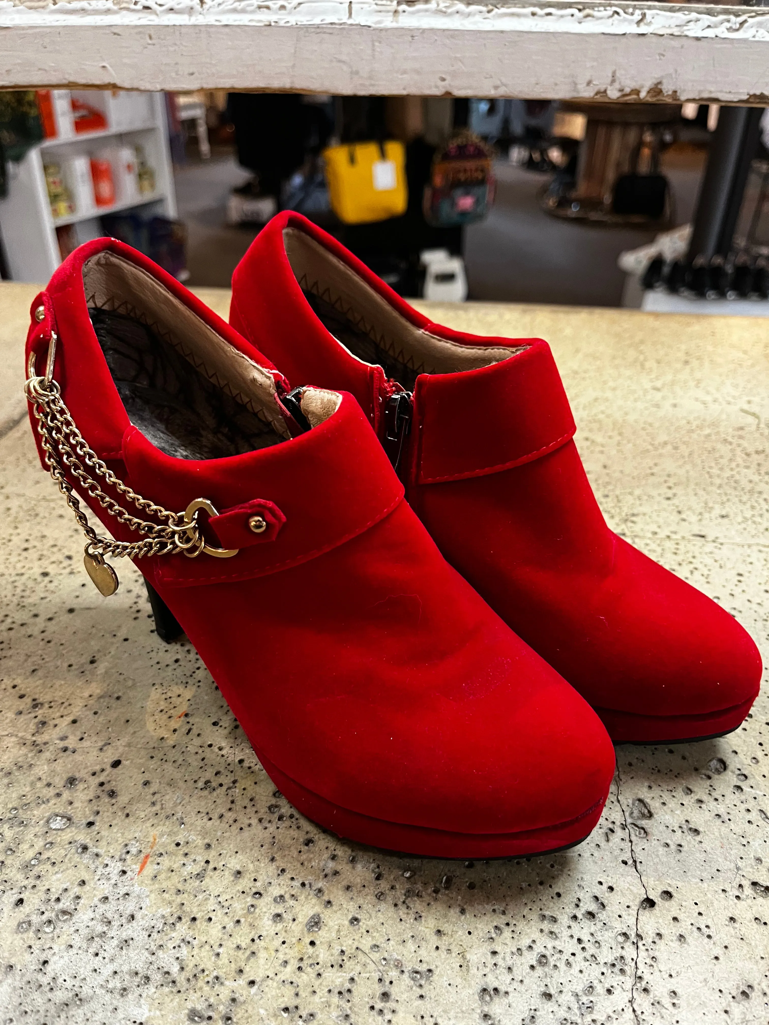 Red Velvet Chain Booties (Size 6)