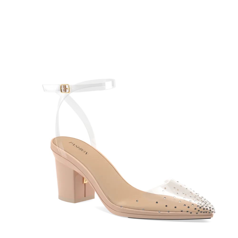 The D'Orsay - Sand Transparent Rhinestone   Block Heel Kit 3 Sand