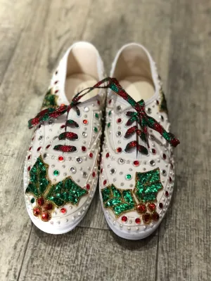 Vintage 80s Sequin Bedazzled Lace Up Christmas Sneakers Size 10