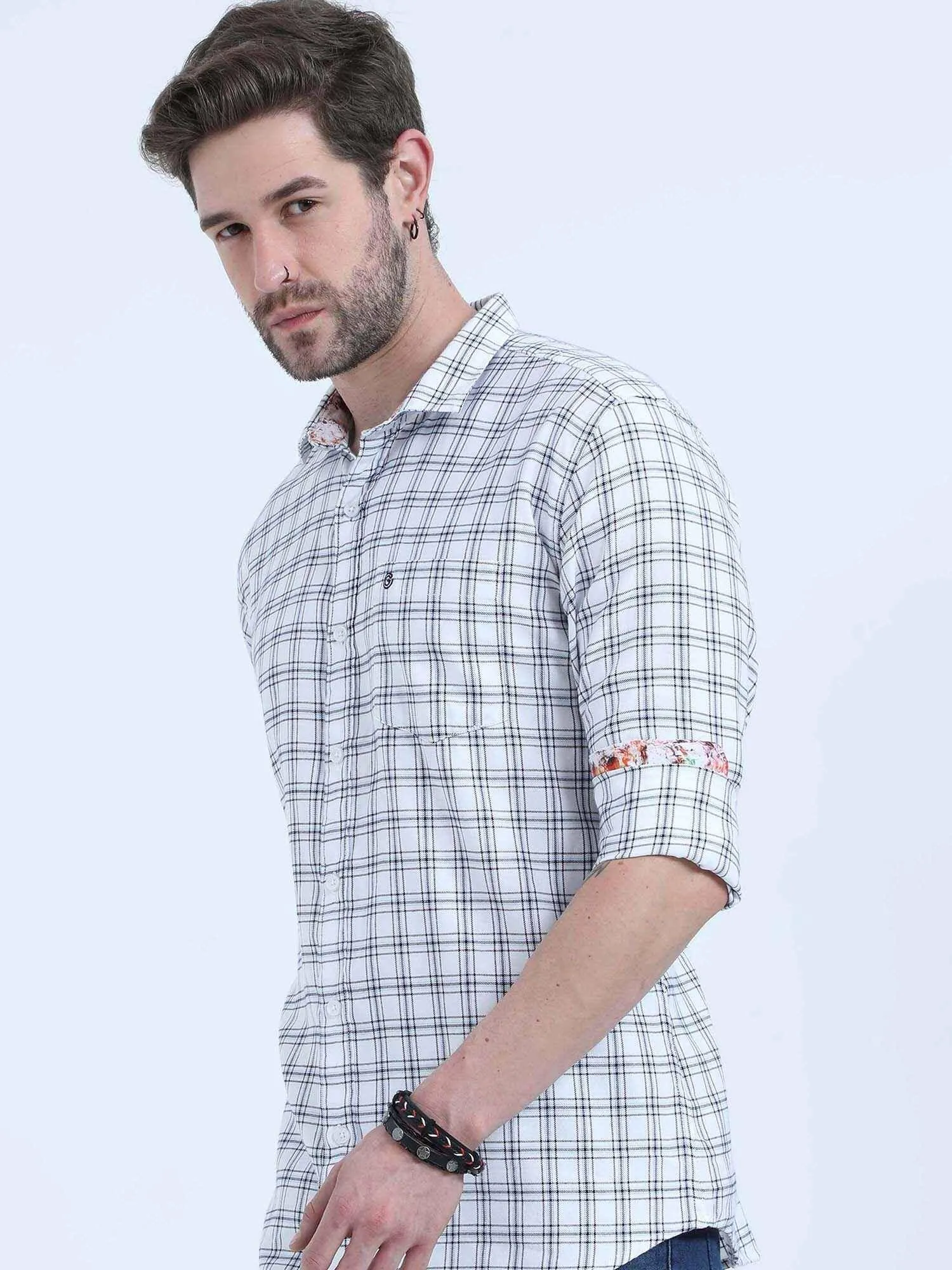 White on Black Checkered Cotton Full Shirt