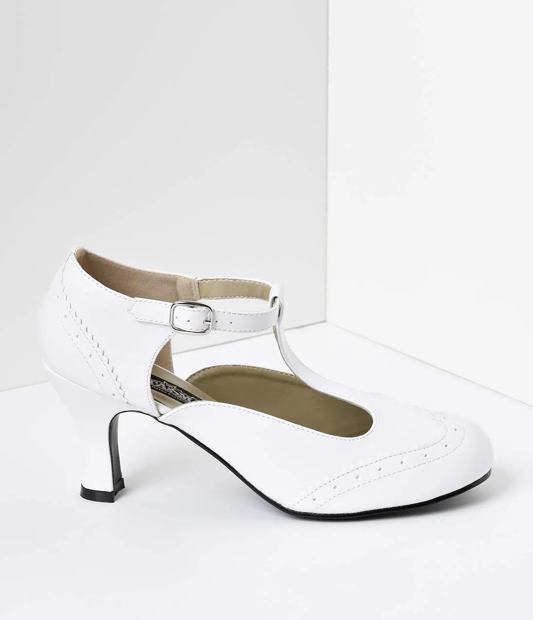 White T-Strap Mary Jane Kitten Heels