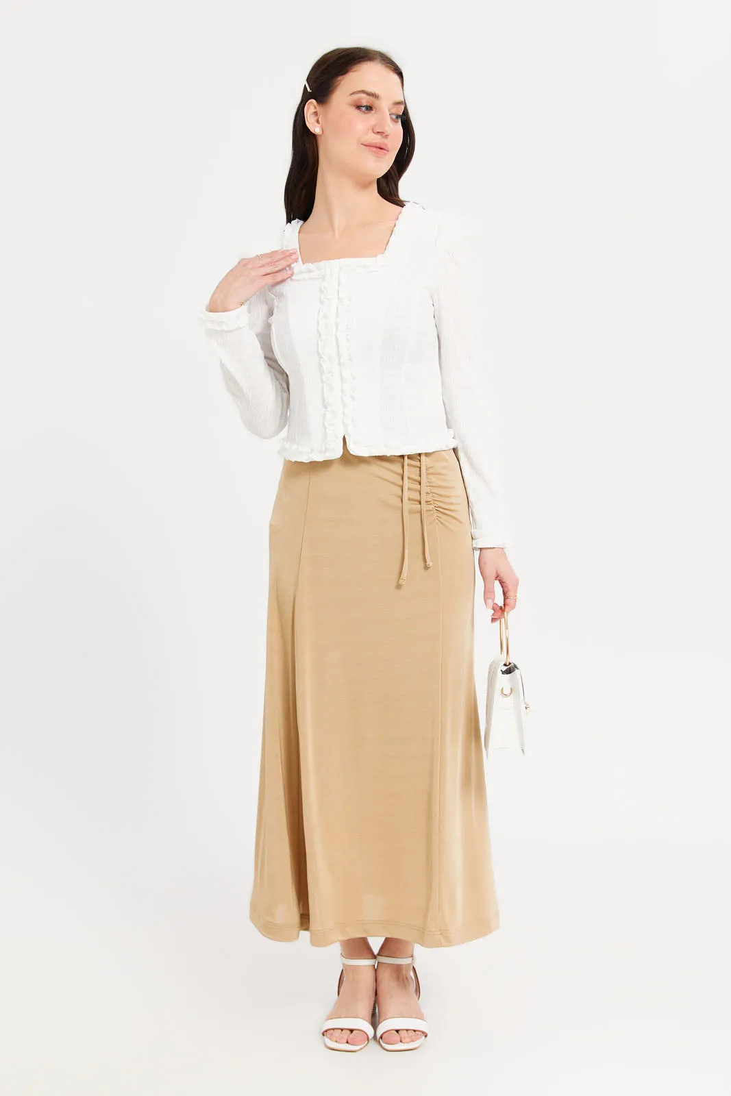 Women Gold Front Ruched Detail Skirt