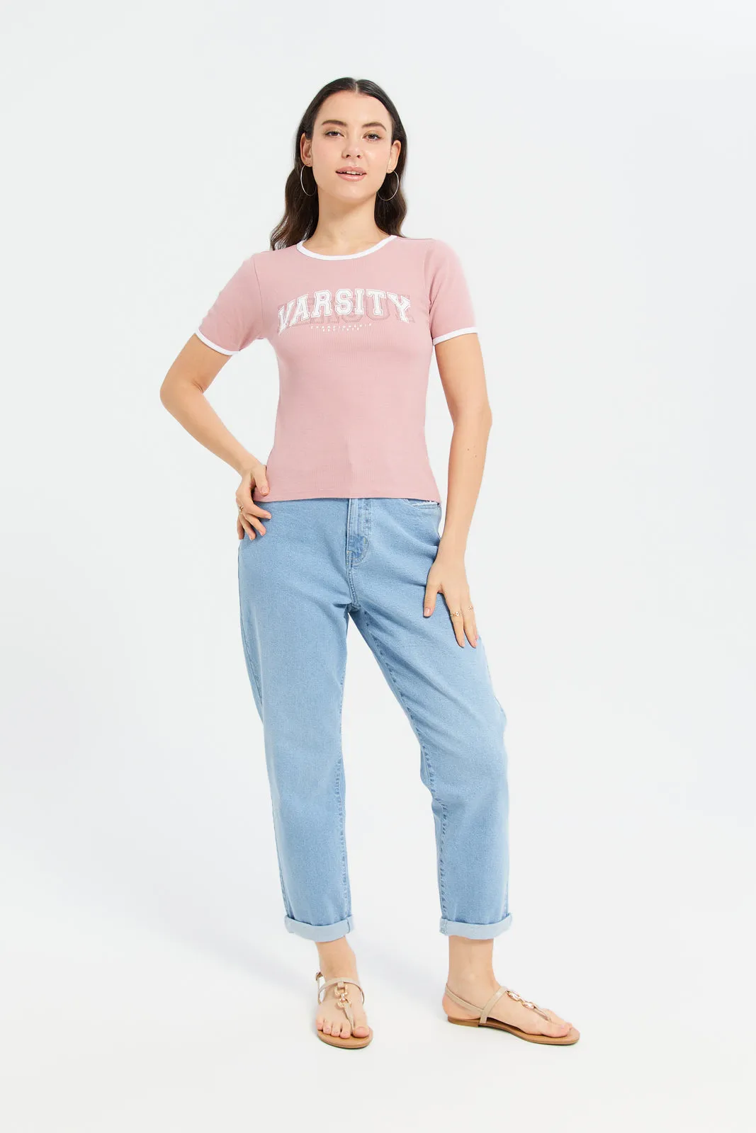 Women Mauve Rib Contrast T-Shirt