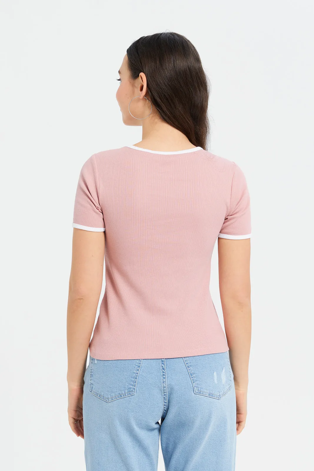 Women Mauve Rib Contrast T-Shirt