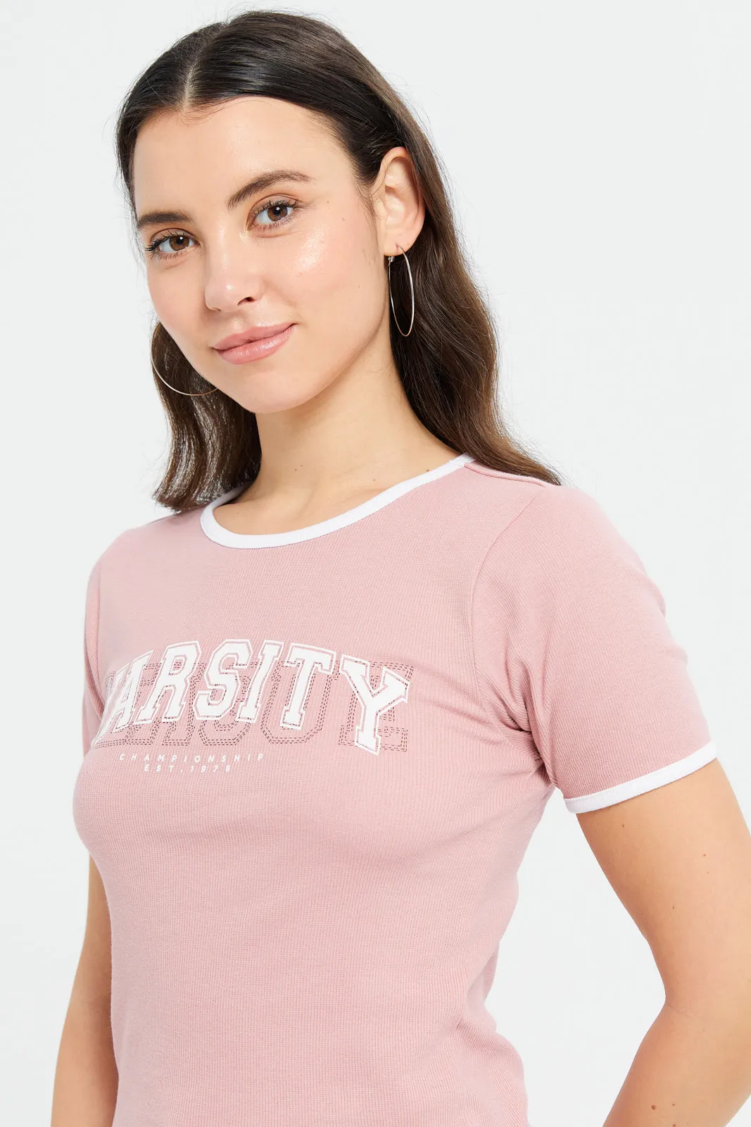 Women Mauve Rib Contrast T-Shirt