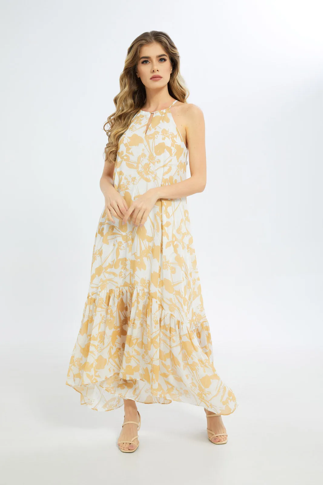 Women Orange And Cream Printed Dress