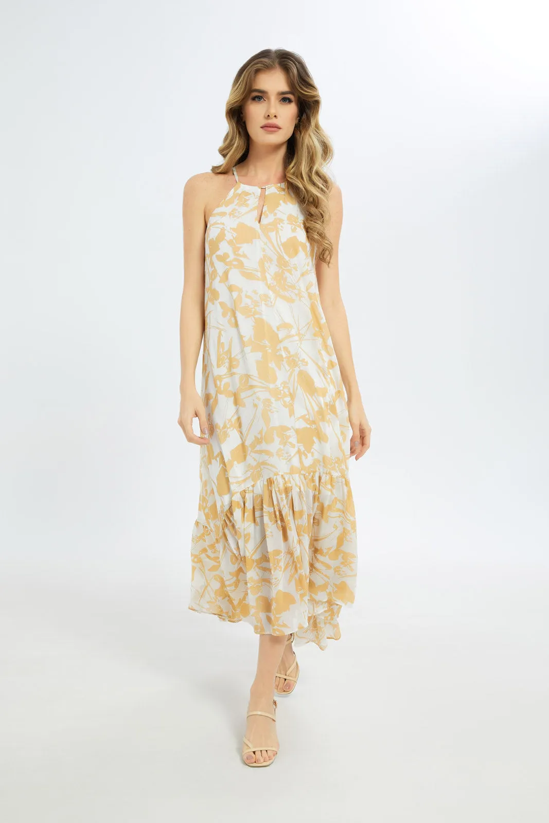 Women Orange And Cream Printed Dress