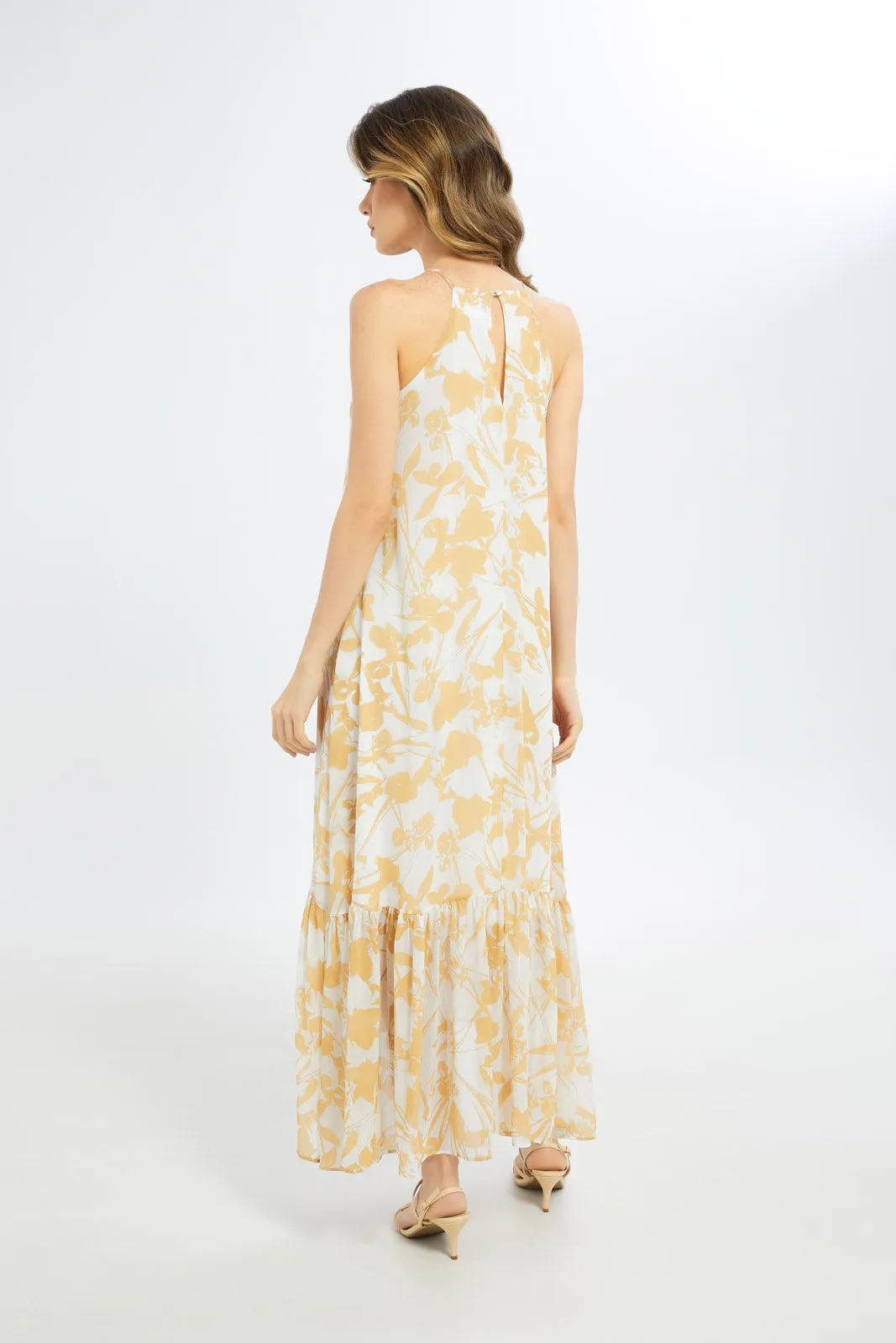 Women Orange And Cream Printed Dress